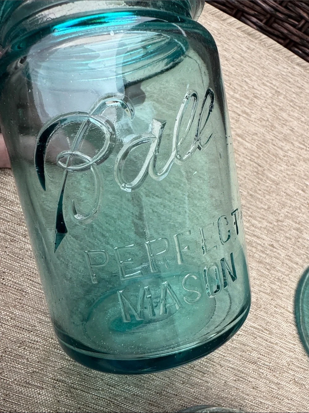 3 antique Pint Ball Perfect Aqua Blue Mason Jars with Zinc Porcelain Lids